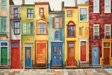 Colorful houses on the street in London, England,  Watercolor illustration