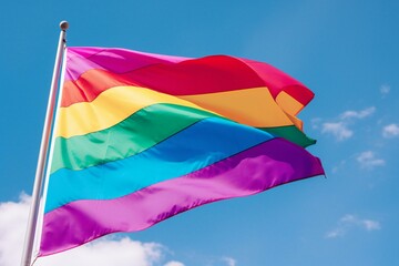Rainbow flag waving in the wind on a blue sky background