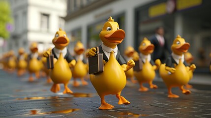 The usually serious city businessmen and women cant resist the infectious joy of the duck parade and start joining in twirling briefcases and flapping their arms creating - obrazy, fototapety, plakaty