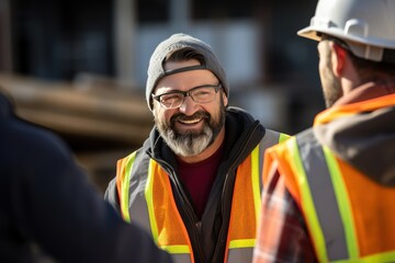 Obraz premium Smiling supervisor talking to construction worker about construction works. 