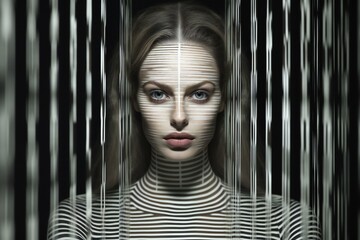 Portrait of a beautiful young woman with blinds on her face