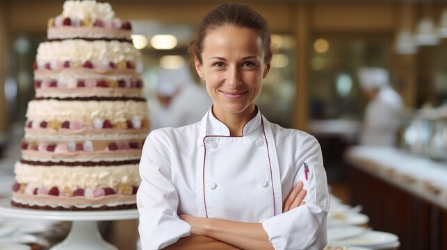 Female chef posing with the cake she made