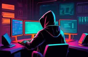 A hacker in dark clothes at a computer. - obrazy, fototapety, plakaty