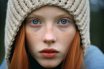 Close up portrait of a redhead girl with freckles on her face in a knitted hat