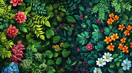 Vector pattern from stylized plants, herbs and flowers. A set of two patterns matching the color