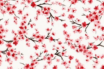 Cherry blossom sakura branch on white background, seamless pattern