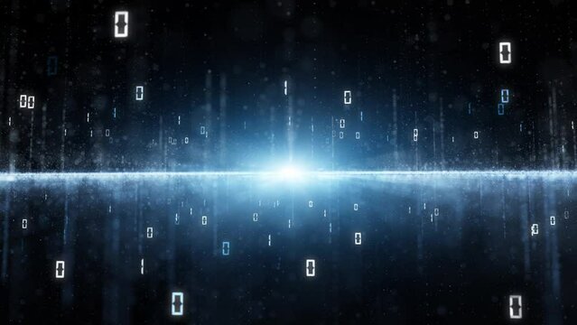 Futuristic blue digital technology network with binary numbers loop animation.