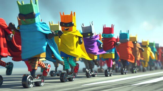 The parade takes a silly turn as a group of pens dressed in different colored capes and masks zoom by on roller skates pretending to be superheroes of the office.