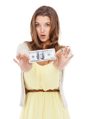 Portrait, money and studio woman with wow facial expression for financial freedom, savings budget or salary income. Finance success, competition prize and shocked cash winner on white background