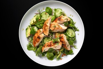 Top-down view. Chicken breast salad on plate. Isolated from white background. 