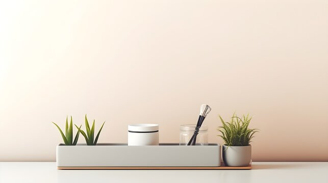 A minimalist desk organizer with practicality, isolated on calm light grey.