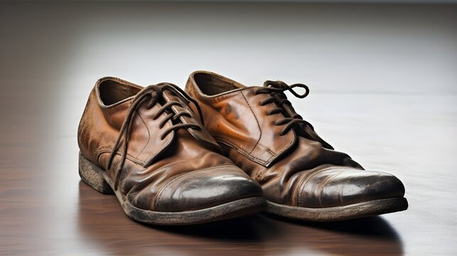 A pair of well-worn leather shoes with classic style, isolated on calm light grey