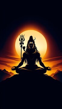 Silhouette of lord shiva in a meditative pose against a sunset background.