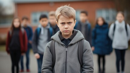 A student boy who got angry and sulked with his friends