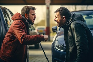 Two men arguing against the background of an electric car battery charging station.  - obrazy, fototapety, plakaty