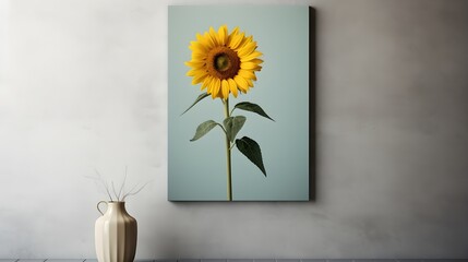 A vibrant sunflower standing tall against a soft grey canvas