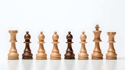 A wooden chess set in a minimalist aesthetic, isolated on muted light grey.