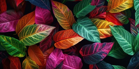 Fototapeta na wymiar Neon colorful leaves are strewn across a black background.