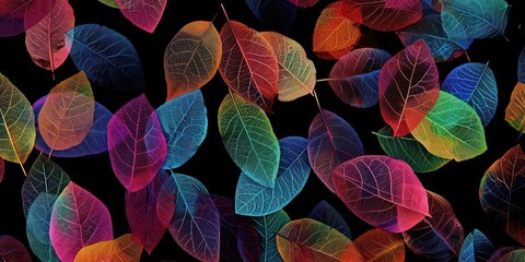 Neon colorful leaves are strewn across a black background. - obrazy, fototapety, plakaty