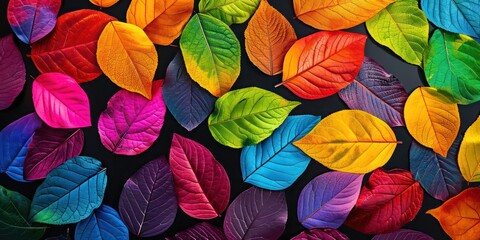 Neon colorful leaves are strewn across a black background. - obrazy, fototapety, plakaty