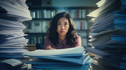 Overwhelmed: An Asian Woman's Struggle with a Towering Stack of Tax Forms - obrazy, fototapety, plakaty