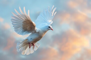 One White Dove freedom flying Wings on sunset wide sky background. symbol of International Day of Peace, Holy spirit of God in Christian religion heaven concept - obrazy, fototapety, plakaty