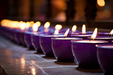 Ash Wednesday Purple Candles in a Church  - obrazy, fototapety, plakaty