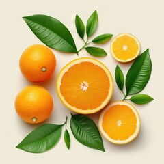 Fresh orange and slice with leaves background, Close up, Image of juicy organic whole and halved oranges with leaves ,AI generated