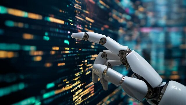 A robot hand analyzing information in a data center, symbolizing the advancement of AI and machine learning.

