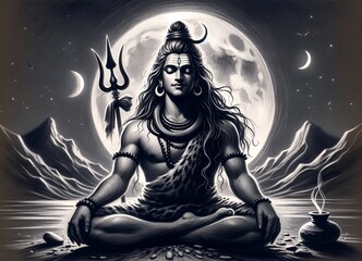 Charcoal sketch illustration of the hindu god shiva. - obrazy, fototapety, plakaty