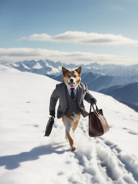 Generative AI A dog walking in a suit on a snowy mountain