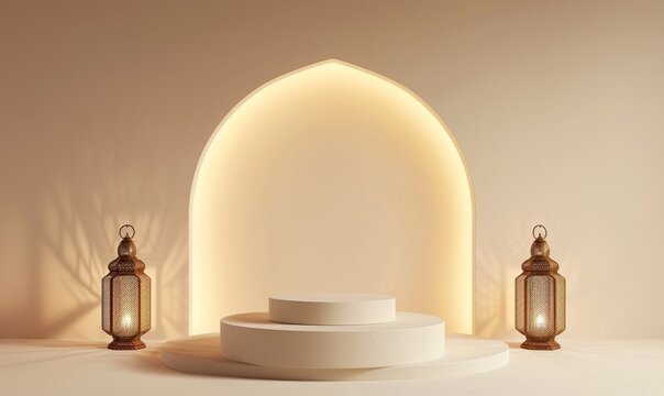 Ramadan Kareem themed stage with two lanterns and an empty podium for displaying festive products or Eid Mubarak greetings