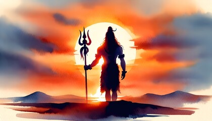 Silhouette of a lord shiva against a sunset background in watercolor style.