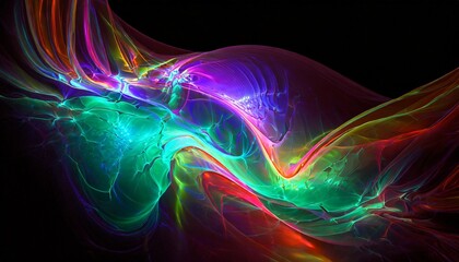A colorful, abstract shape that resembles a wave, with soft movement and flow. Black background. Generative AI.	
