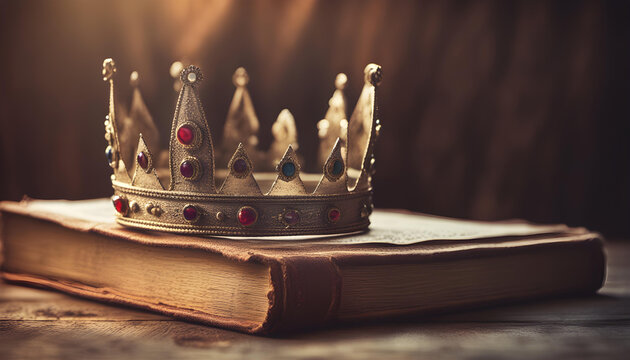 beautiful crown over old book and wooden table. vintage filtered. 