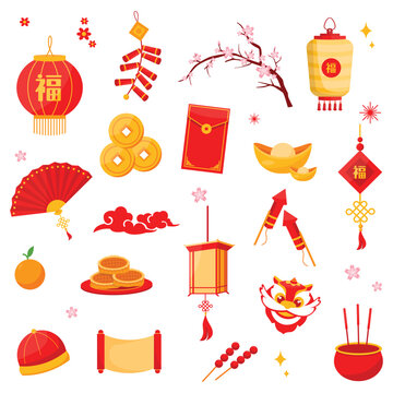 set of traditional chinese new year celebration collection icons for banner, sticker advertising in cute cartoon design on white background.