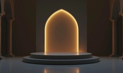Ramadan Kareem themed stage with two lanterns and an empty podium for displaying festive products or Eid Mubarak greetings