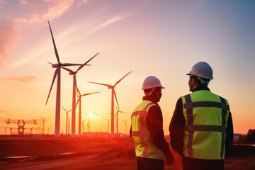 Young maintenance engineer team working in wind turbine farm at sunset 