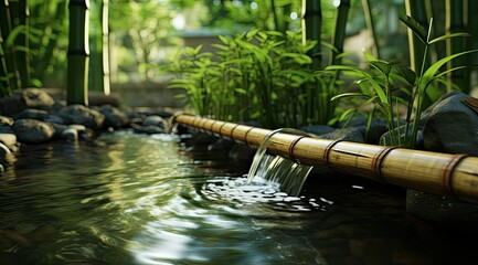Bamboo-Pipe Water Flow: A Serene Oasis in the Lush Landscape
