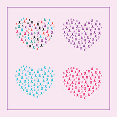 set of hearts of ribbon vector, cancer awareness hearts