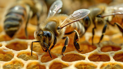 Close up of bee on honey nest in apiary - selective focus, copy space high detailed