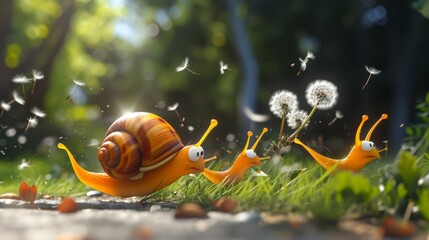 In a scene straight out of a blockbuster movie a snail superhero team races against time in cartoon scene to save a dandelion from being blown away by a gust of