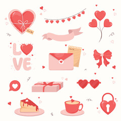 cute template for Valentine's day seamless pattern gift. Illustration of valentine's day concept of love shape, love letter, cake on pink white background.