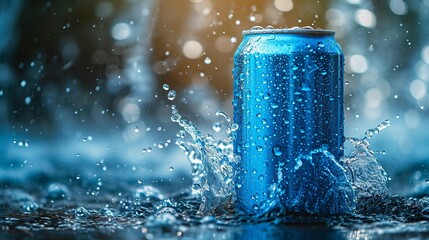 A product pictorial mockup featuring a blue soda can and water cascading, space, Generative AI. - obrazy, fototapety, plakaty