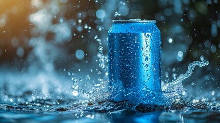 A product pictorial mockup featuring a blue soda can and water cascading, space, Generative AI.