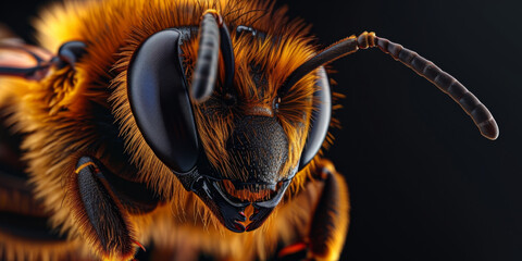 close up of a bee with some eyes and black hair, generative AI - obrazy, fototapety, plakaty