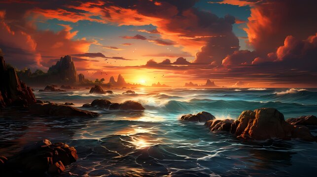 A breathtaking sunset over the cobalt blue ocean, casting a warm orange glow on the water's surface