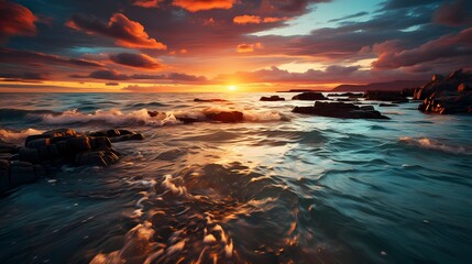 A breathtaking sunset over the cobalt blue ocean, casting a warm orange glow on the water's surface