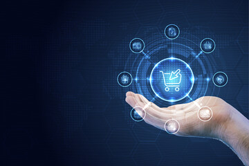 Close-up man's hand has an order button in the shape of a shopping cart rising from his hand to shopping offers, isolated on Blue light streak, fiber optic, speed line, futuristic background.