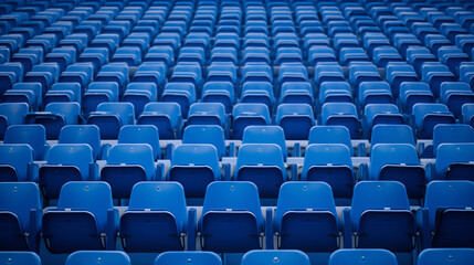row of blue stadium chairs, empty seats